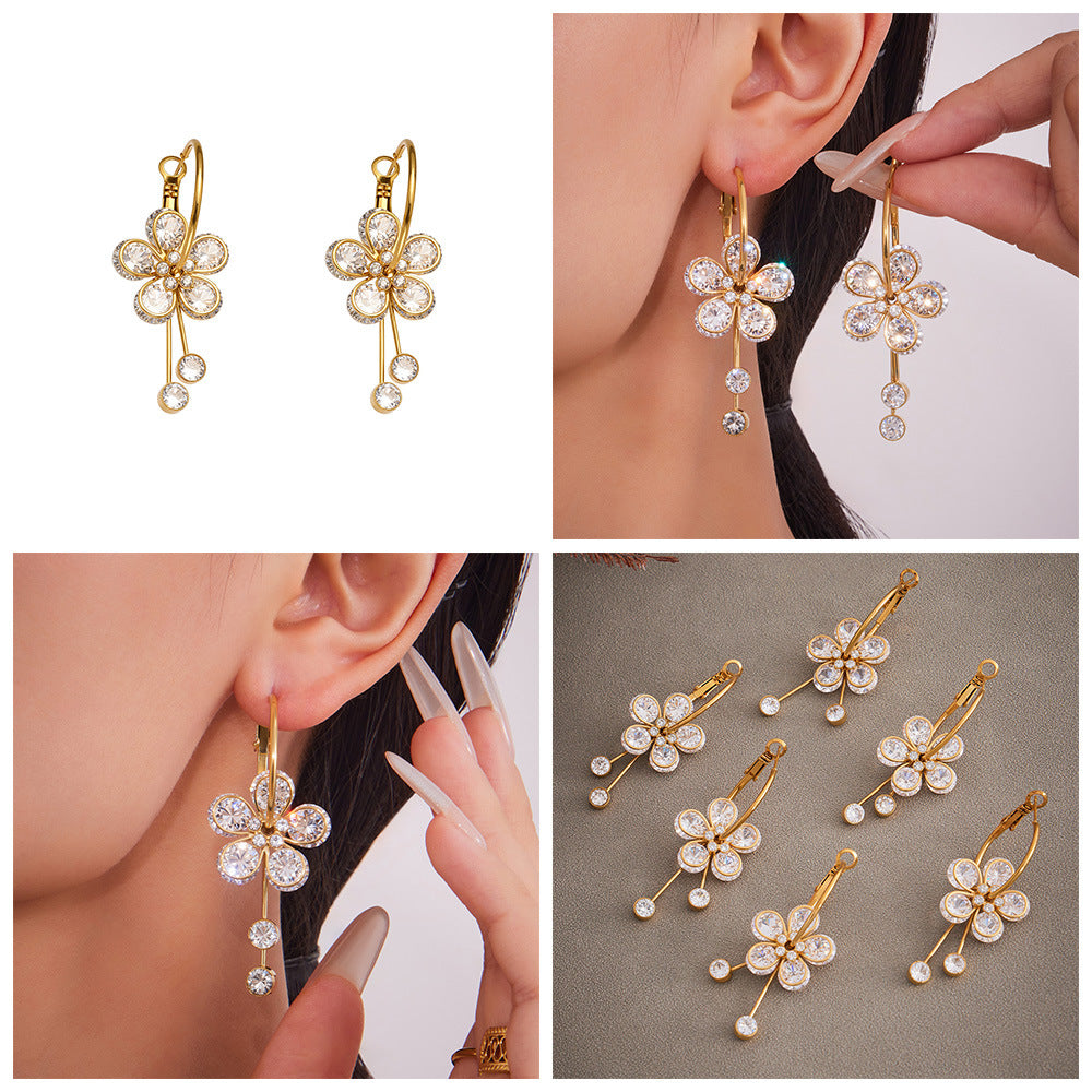 roratable white zircon flower drop earrings Customizable Real 18k Gold Plated Stainless Steel Earrings