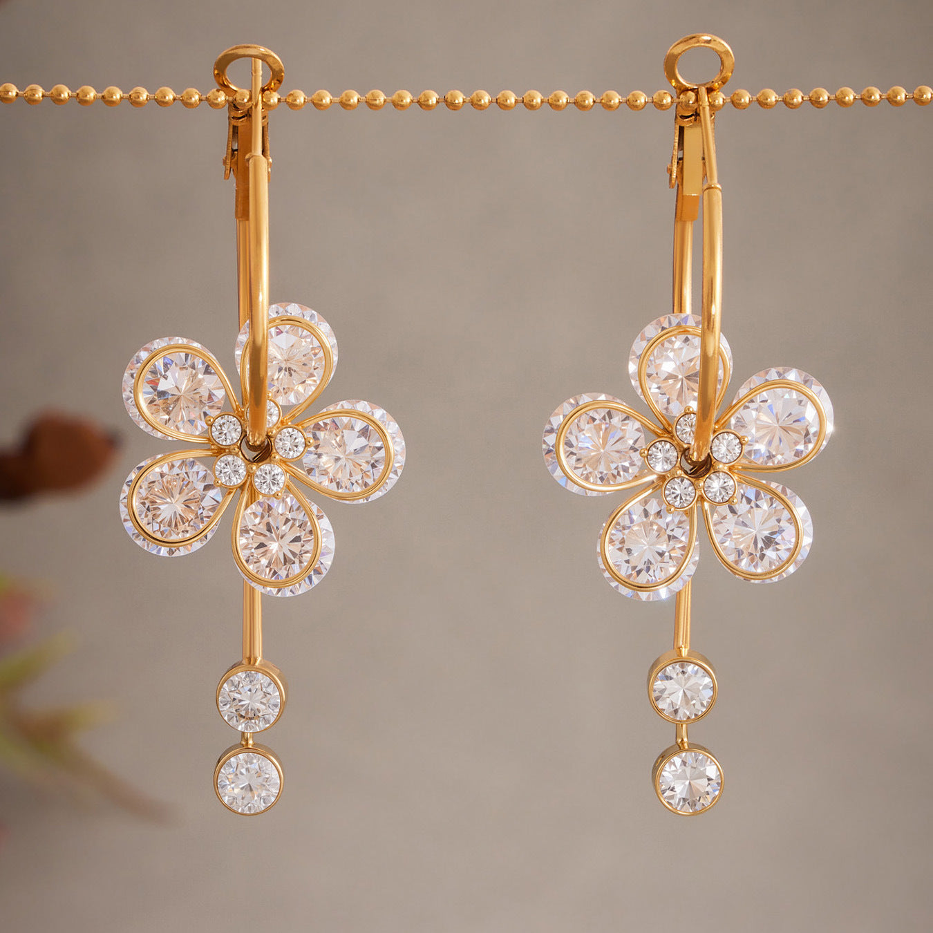 roratable white zircon flower drop earrings Customizable Real 18k Gold Plated Stainless Steel Earrings