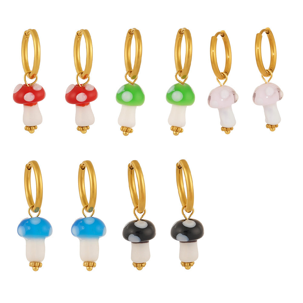 Cute Colorful Mushroom Drop Earrings Bohemian Style Real Gold PVD Plated Stainless Steel Hoop Earrings for Girls Wholesale