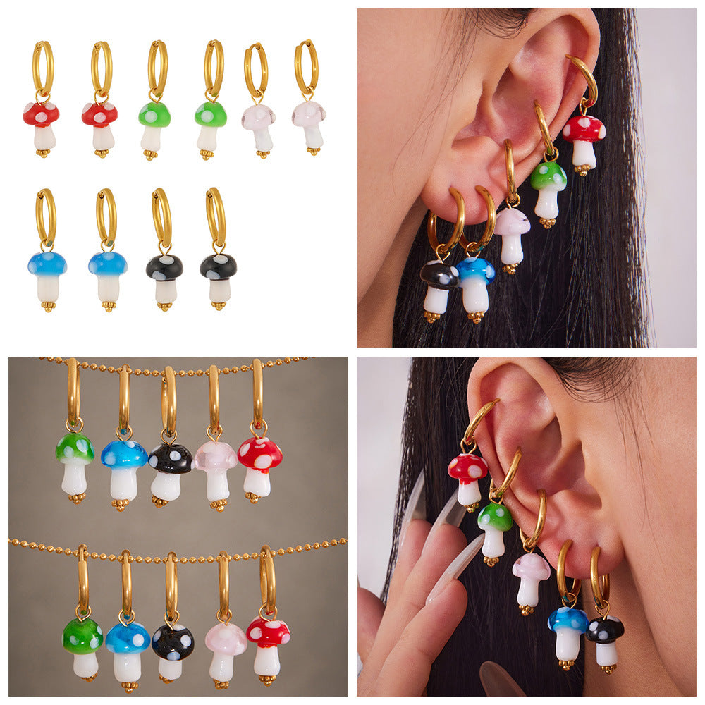 Cute Colorful Mushroom Drop Earrings Bohemian Style Real Gold PVD Plated Stainless Steel Hoop Earrings for Girls Wholesale