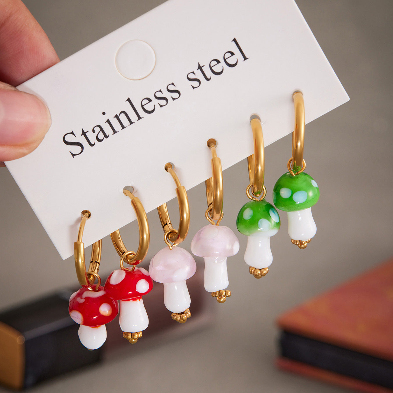Cute Colorful Mushroom Drop Earrings Bohemian Style Real Gold PVD Plated Stainless Steel Hoop Earrings for Girls Wholesale