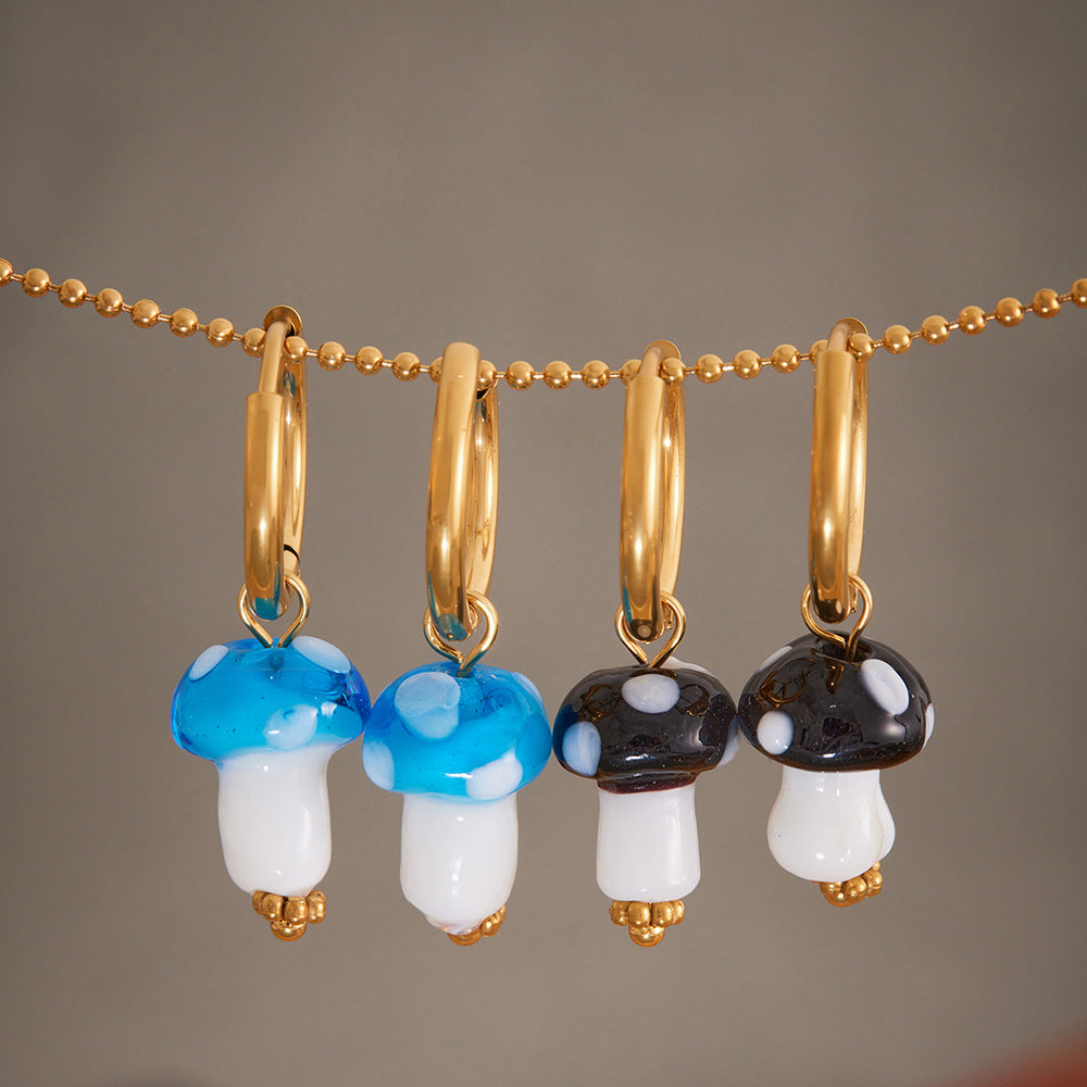 Cute Colorful Mushroom Drop Earrings Bohemian Style Real Gold PVD Plated Stainless Steel Hoop Earrings for Girls Wholesale