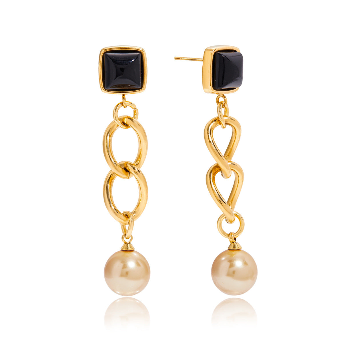Customizable 18K Gold Plated Stainless Steel Long Drop Earrings with Black Glass and Rose Gold Pearl Trendy Fashion for Girls