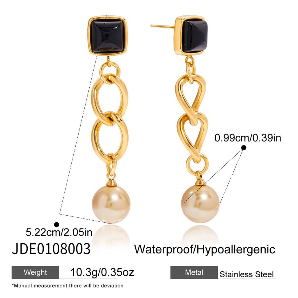 Customizable 18K Gold Plated Stainless Steel Long Drop Earrings with Black Glass and Rose Gold Pearl Trendy Fashion for Girls