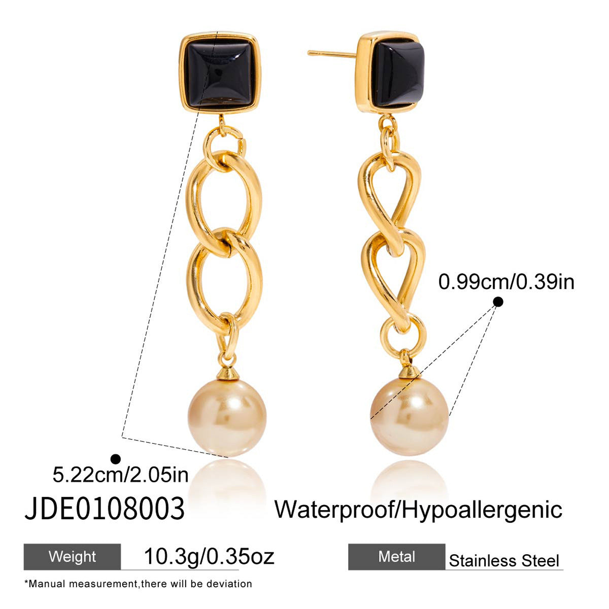 Customizable 18K Gold Plated Stainless Steel Long Drop Earrings with Black Glass and Rose Gold Pearl Trendy Fashion for Girls