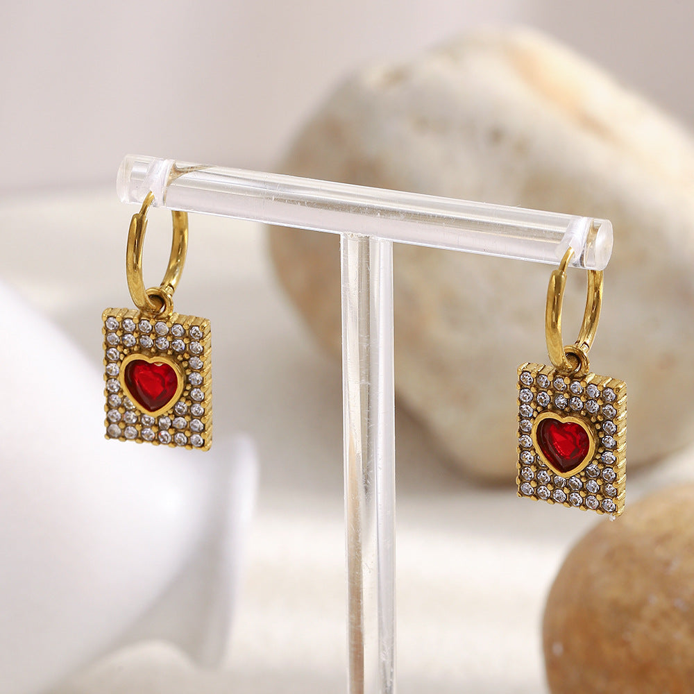 Customizable Drop Earrings with White and Red Zircons 18k Gold PVD Stainless Steel Fashion Jewelry Earrings Heart Earrings