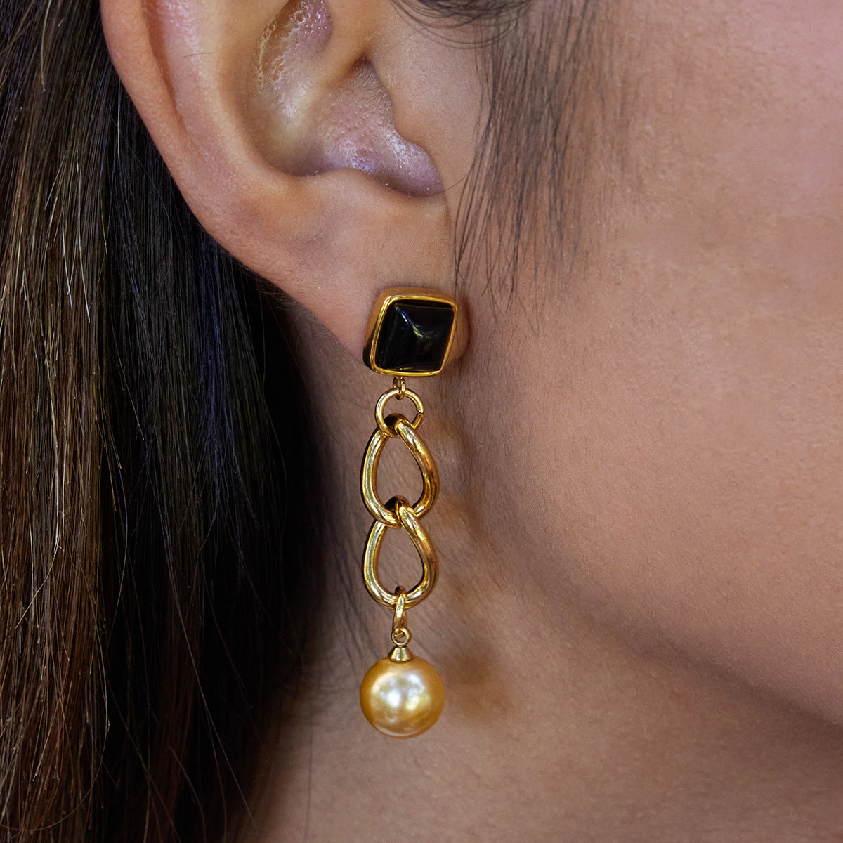 Customizable 18K Gold Plated Stainless Steel Long Drop Earrings with Black Glass and Rose Gold Pearl Trendy Fashion for Girls