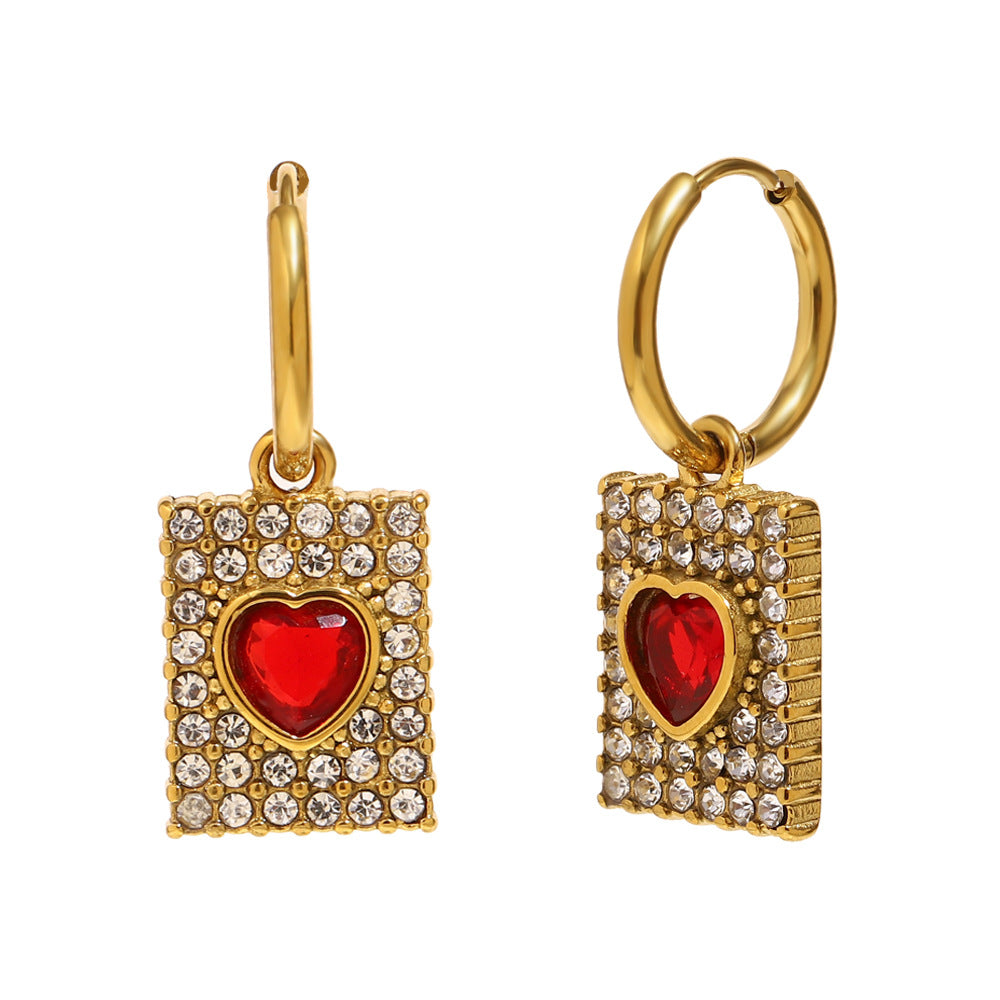 Customizable Drop Earrings with White and Red Zircons 18k Gold PVD Stainless Steel Fashion Jewelry Earrings Heart Earrings