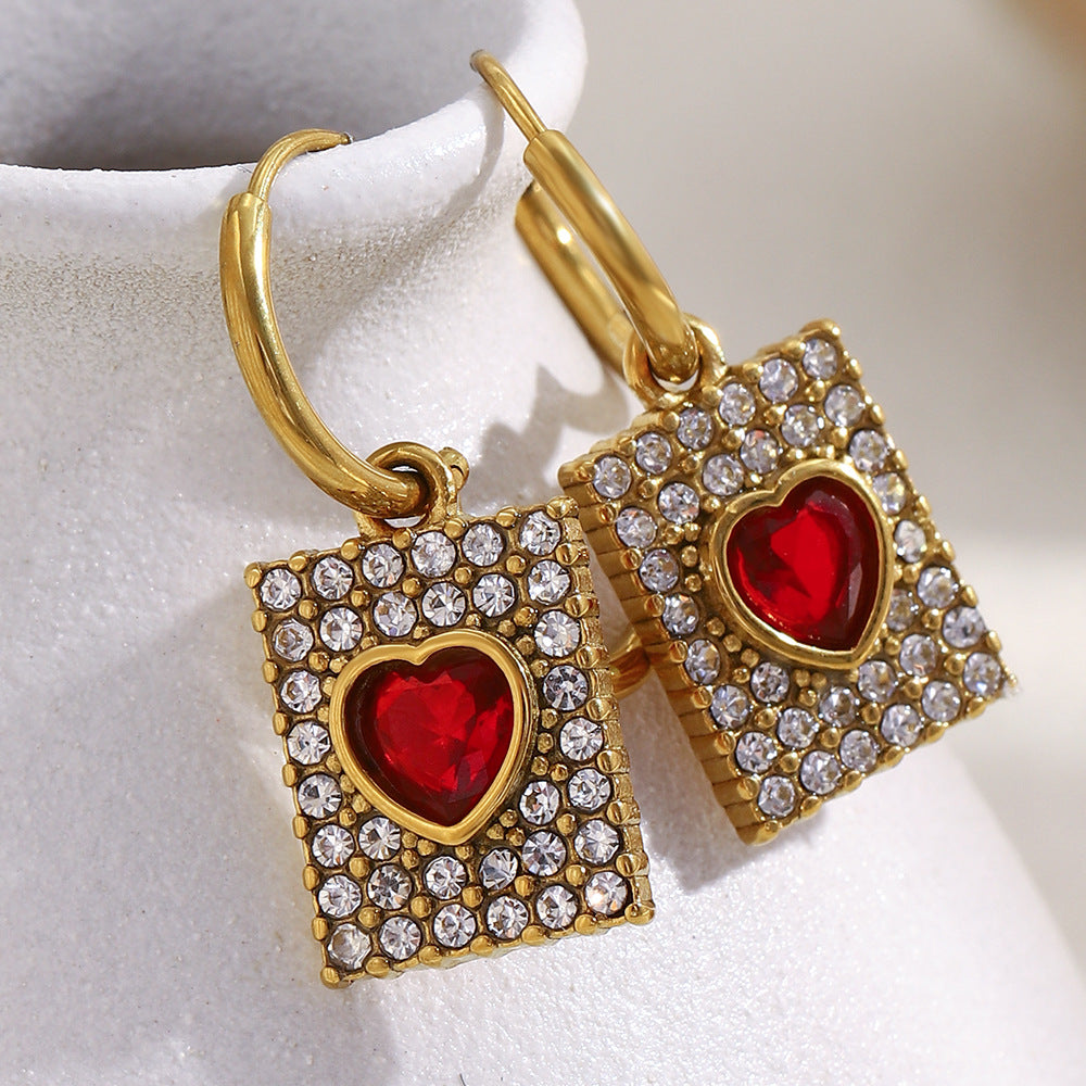Customizable Drop Earrings with White and Red Zircons 18k Gold PVD Stainless Steel Fashion Jewelry Earrings Heart Earrings