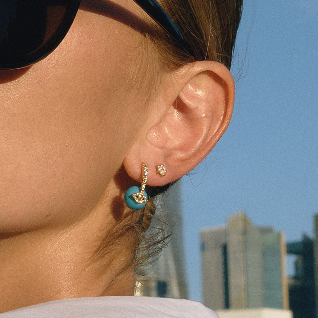Customizable Romantic Turquoise Ball Earrings for Girls 18K Gold PVD Plated Stainless Steel Stud Bezel Setting with Zircons