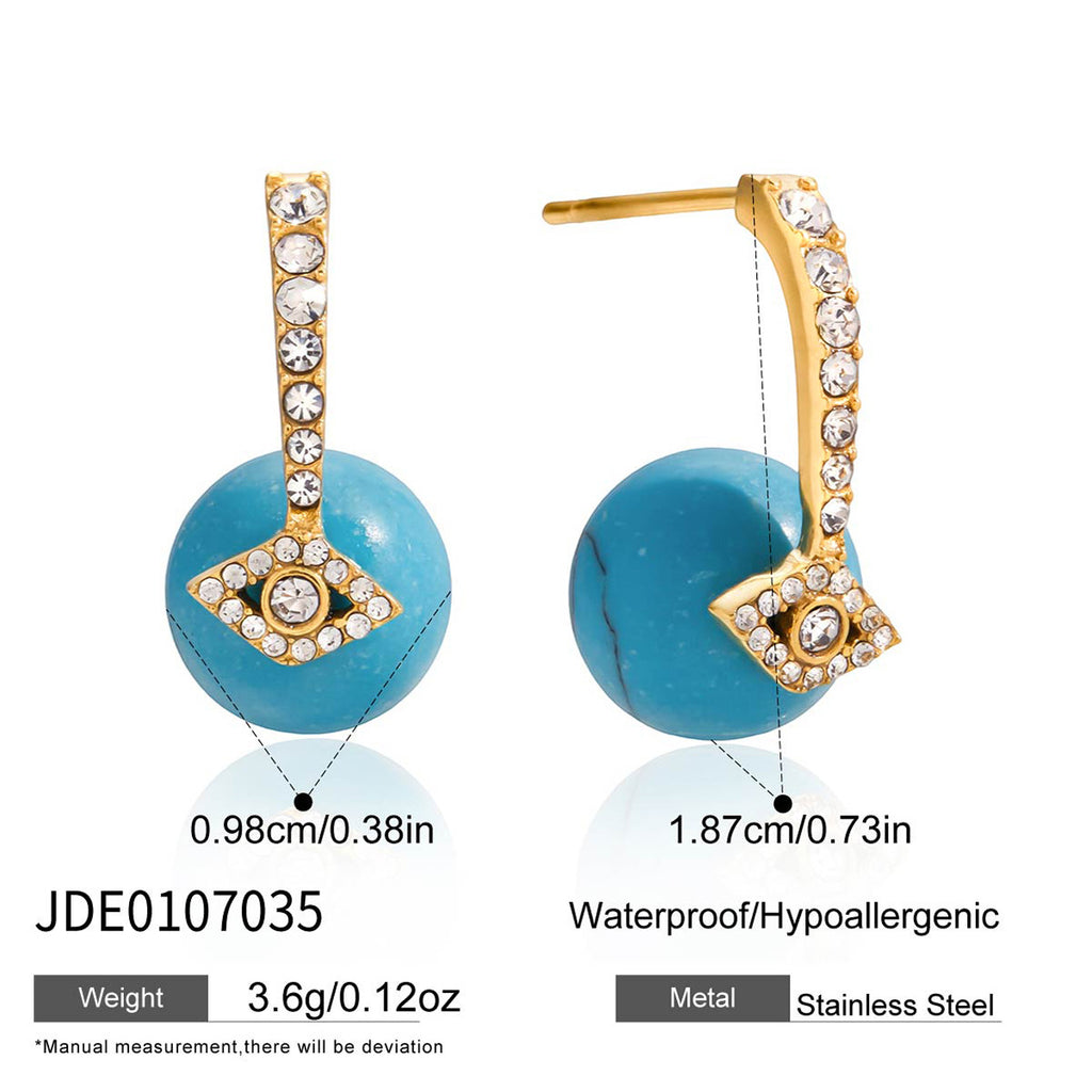 Customizable Romantic Turquoise Ball Earrings for Girls 18K Gold PVD Plated Stainless Steel Stud Bezel Setting with Zircons