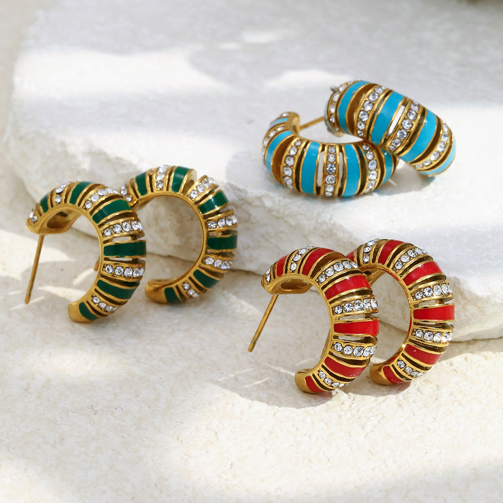 Wholesale 18K Gold Plated Stainless Steel White Zircon Color Enamel Hoop Earrings Waterproof C Shape Trendy Women's Party