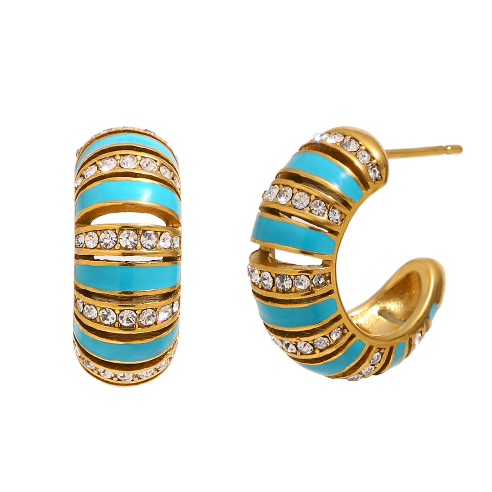 Wholesale 18K Gold Plated Stainless Steel White Zircon Color Enamel Hoop Earrings Waterproof C Shape Trendy Women's Party