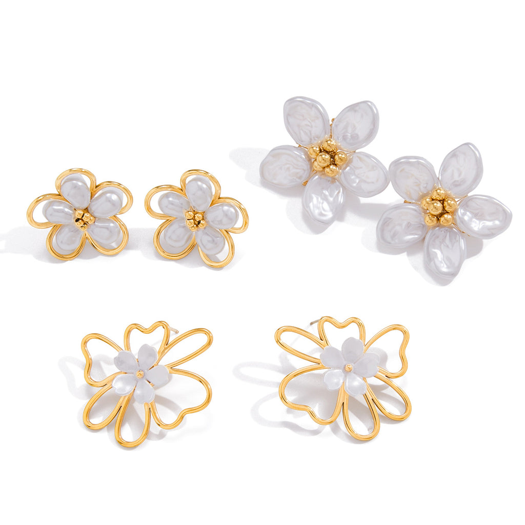 Wholesale 18k Gold PVD Plated Stainless Steel Flower-Shaped Pearl Stud Earrings for Girls Trendy Fashion Jewelry for Parties