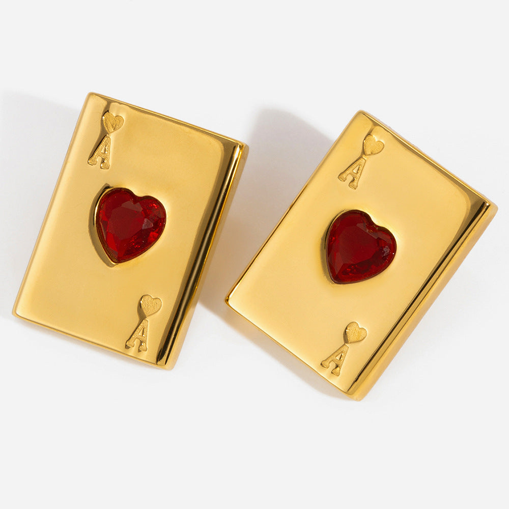 Customizable Vintage Heart Stud Earrings for Women 18K Gold PVD Plated Stainless Steel Cute Geometric Playing Card Design Trendy
