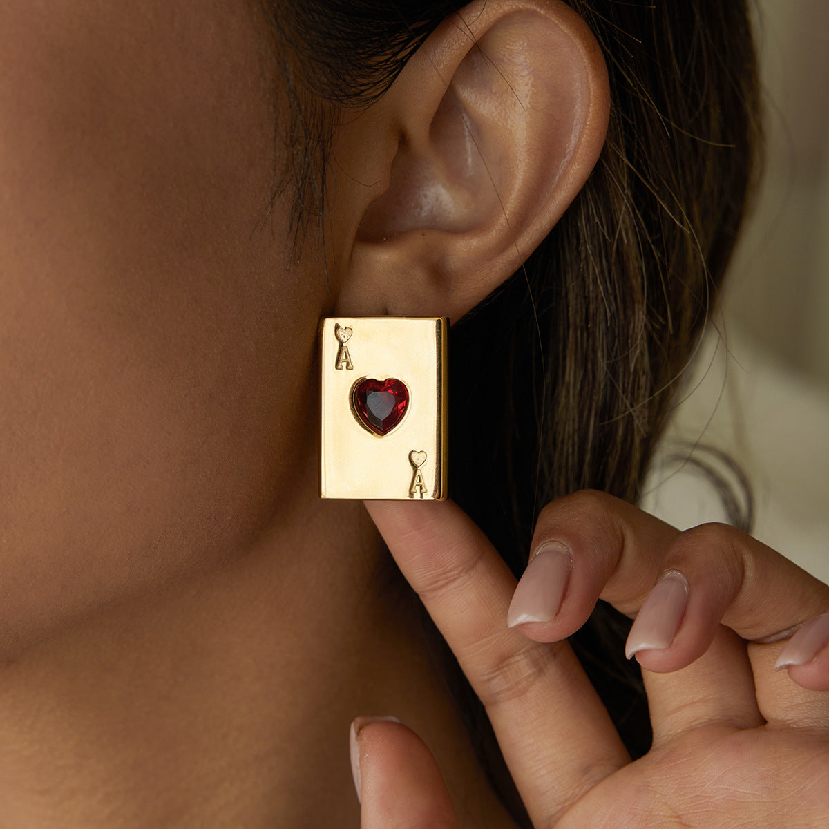Customizable Vintage Heart Stud Earrings for Women 18K Gold PVD Plated Stainless Steel Cute Geometric Playing Card Design Trendy
