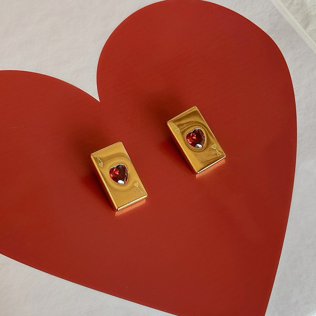 Customizable Vintage Heart Stud Earrings for Women 18K Gold PVD Plated Stainless Steel Cute Geometric Playing Card Design Trendy