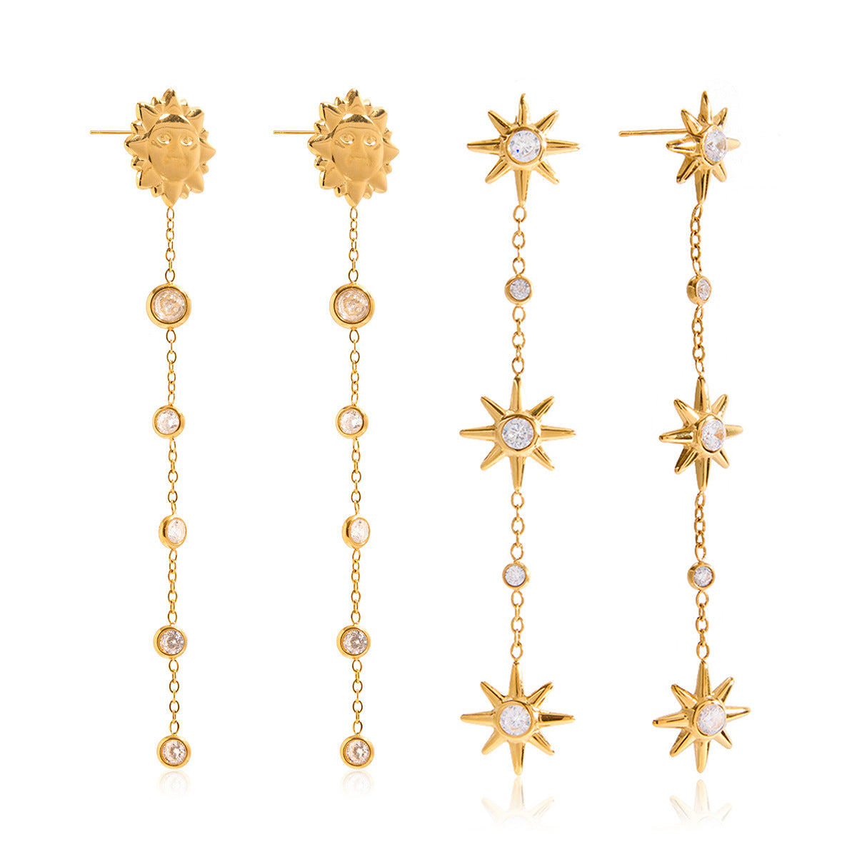 Customizable 18K Gold PVD Plated Stainless Steel Long Drop Earrings White Zircons Trendy Party Style Featuring Sun Face Design