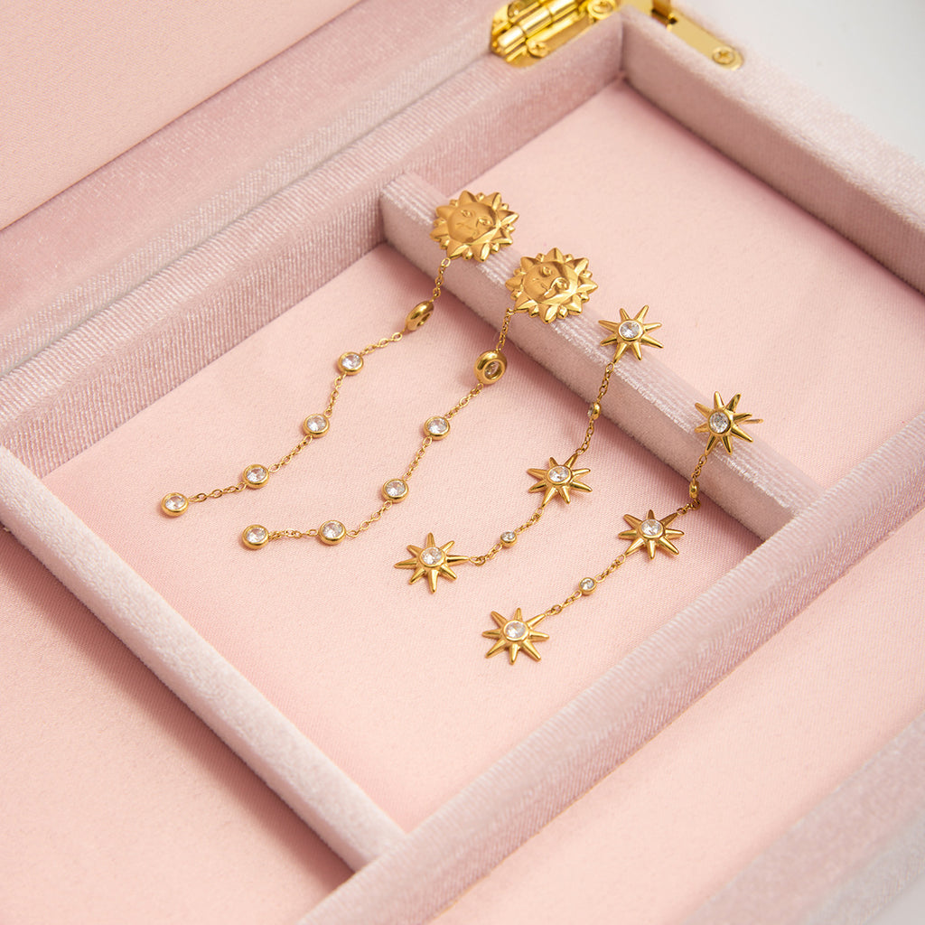 Customizable 18K Gold PVD Plated Stainless Steel Long Drop Earrings White Zircons Trendy Party Style Featuring Sun Face Design