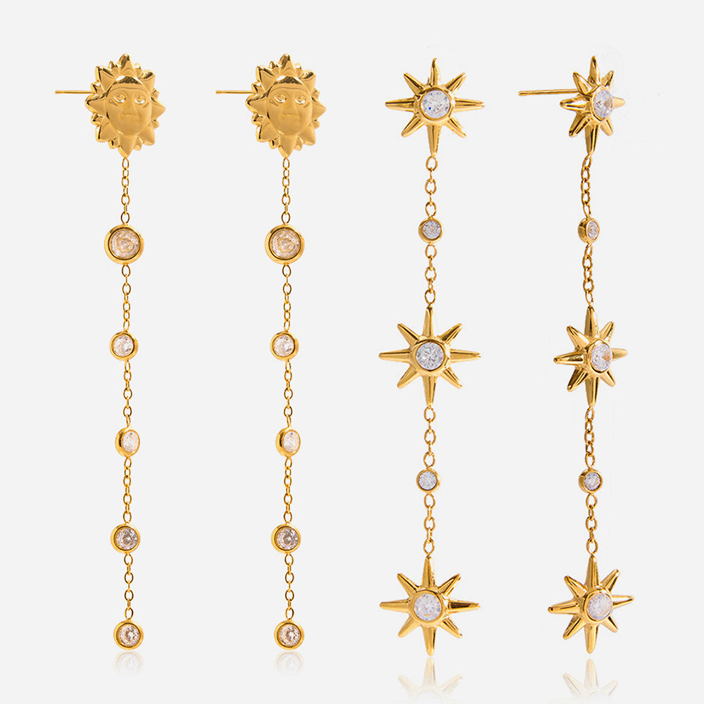 Customizable 18K Gold PVD Plated Stainless Steel Long Drop Earrings White Zircons Trendy Party Style Featuring Sun Face Design