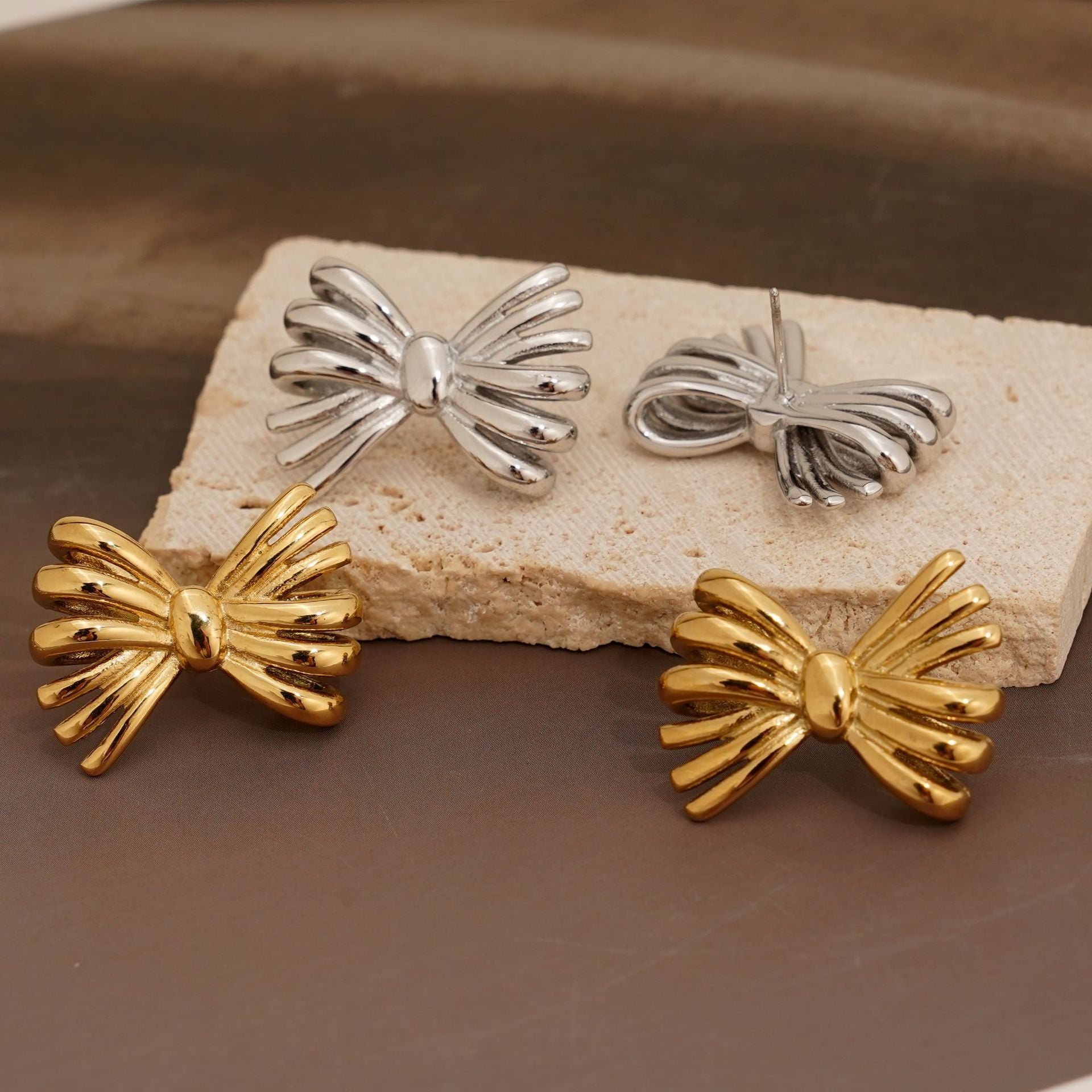 Customizable Real Gold Plated Stainless Steel Stud Earrings Unique Bow Design Trendy Jewelry for Women for Parties