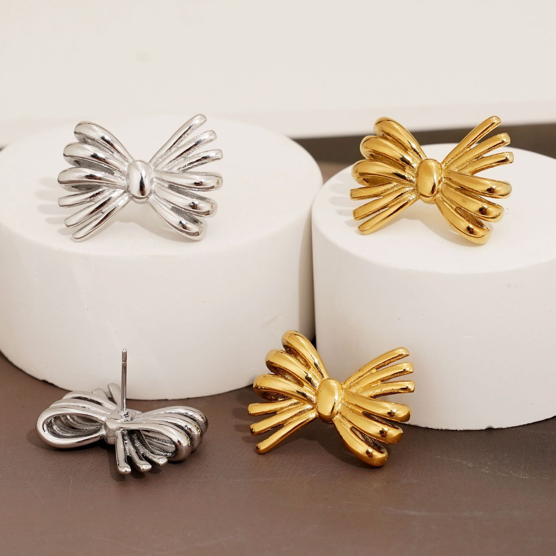 Customizable Real Gold Plated Stainless Steel Stud Earrings Unique Bow Design Trendy Jewelry for Women for Parties