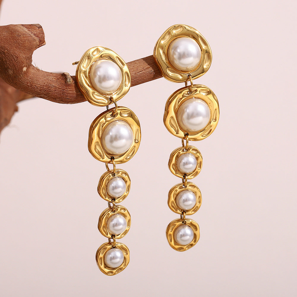 Trendy Stainless Steel Drop Earrings for Women Real Gold PVD Plated with Long Pearls Flower Pattern for Parties