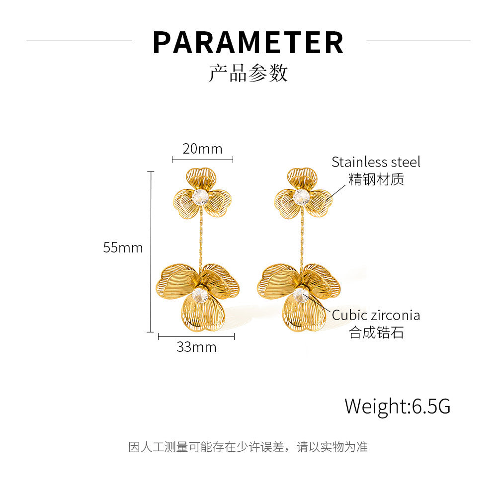 Wholesale Real Gold Plated Waterproof Stainless Steel Flower Drop Earrings with White Zircons Fashion Accessory for Brides