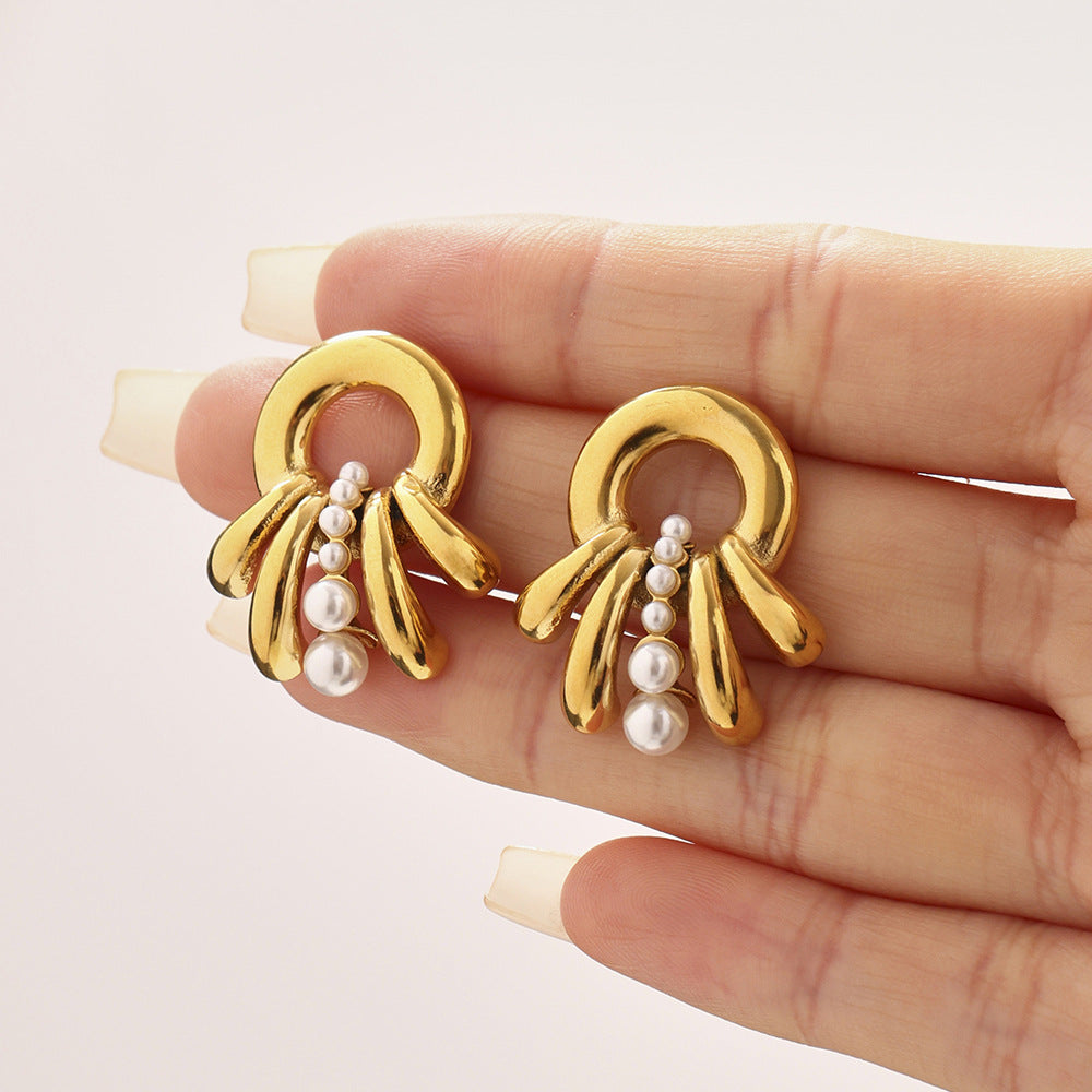 Real Gold Plated Stainless Steel Drop Earrings with Trendy Flower Pattern and Pearls for Party Fashion