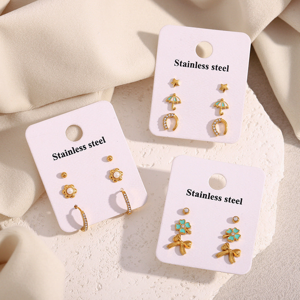 Wholesale Set of Three Fashion Stud Earrings Stainless Steel with Real Gold Plating Drop Earrings