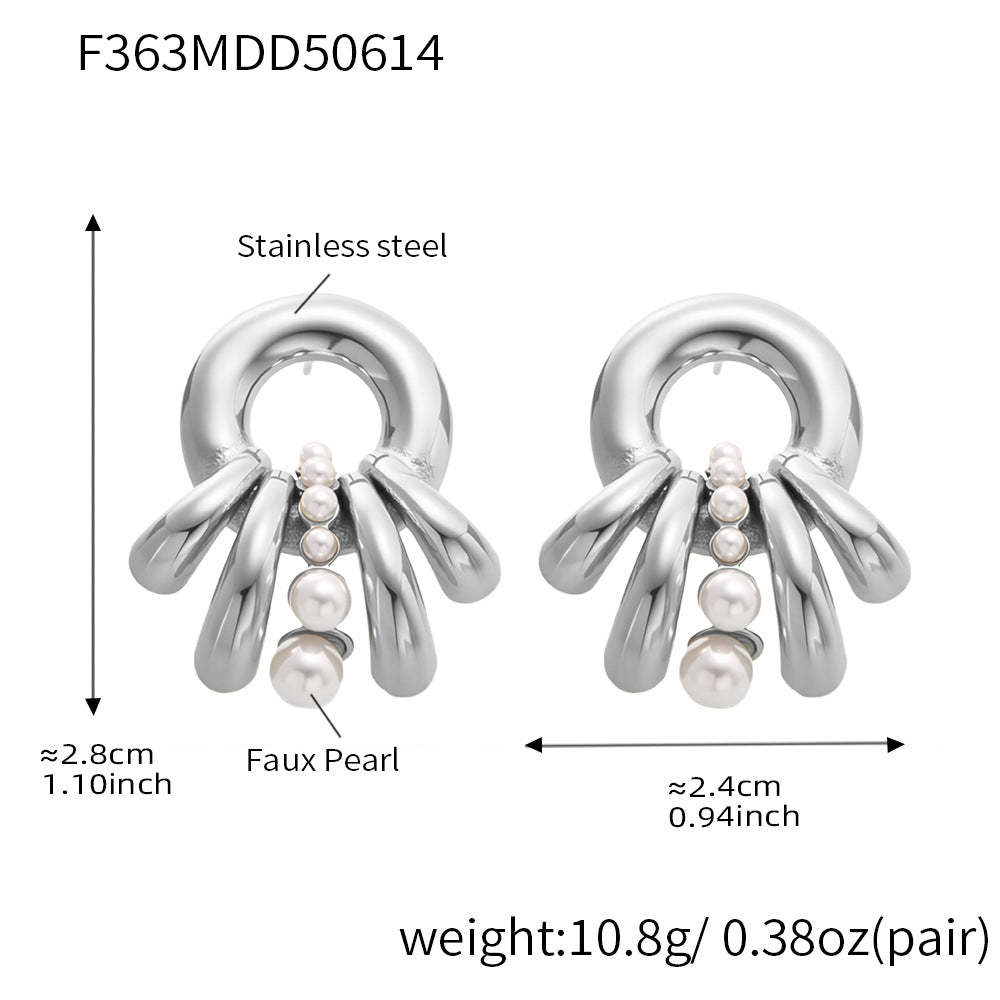 Real Gold Plated Stainless Steel Drop Earrings with Trendy Flower Pattern and Pearls for Party Fashion