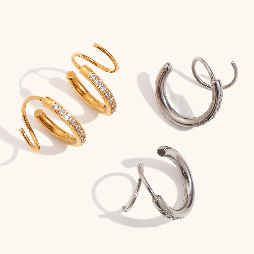 Creative Spiral Crown Stud Earrings Stainless Steel 18K Gold Plated Trendy Personalized Fashionable Light Luxury White Zircons