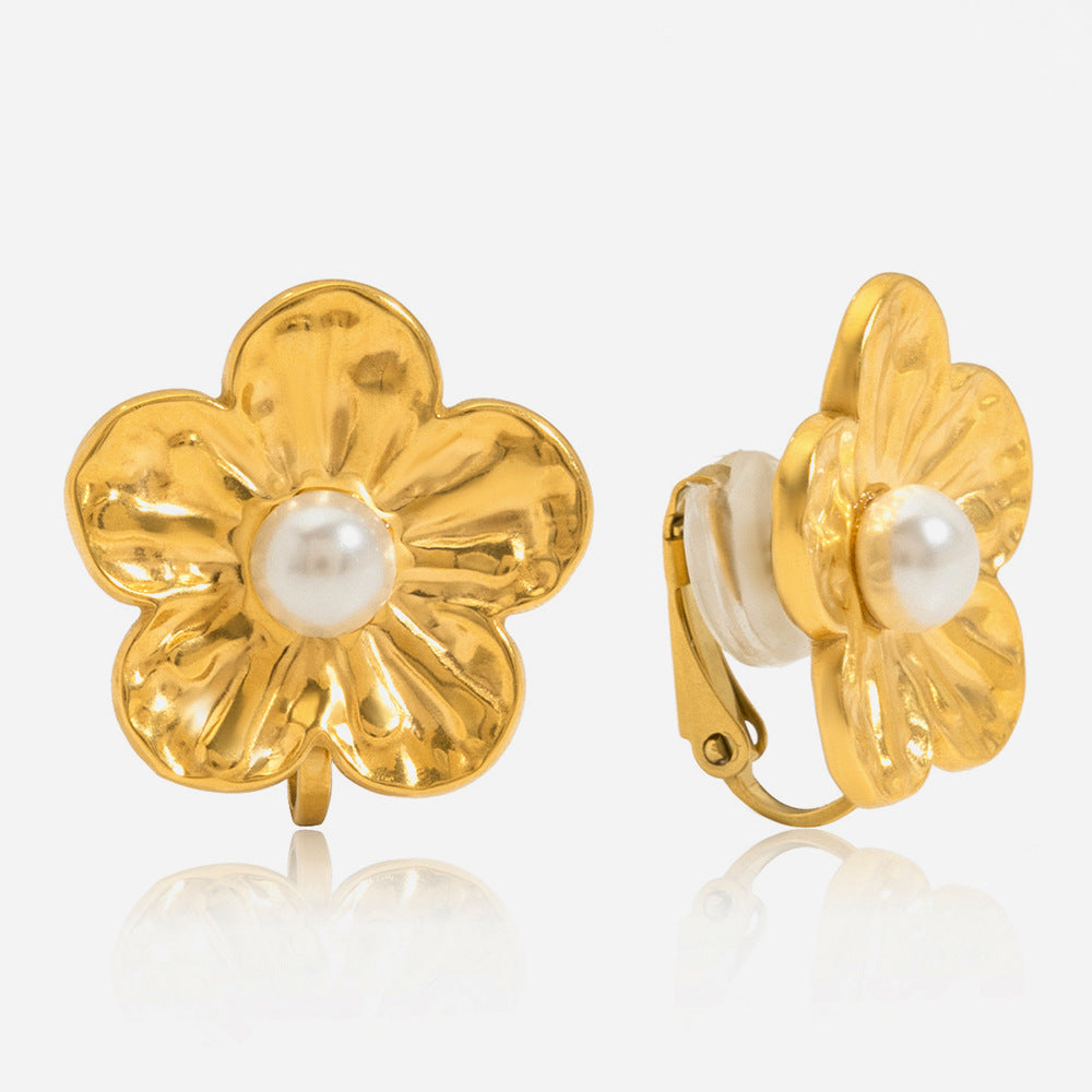 18K Gold PVD Stainless Steel Flower Pearl Clip-on Earrings for Women Unisex Trendy Non-Tarnish Waterproof Hypoallergenic Party