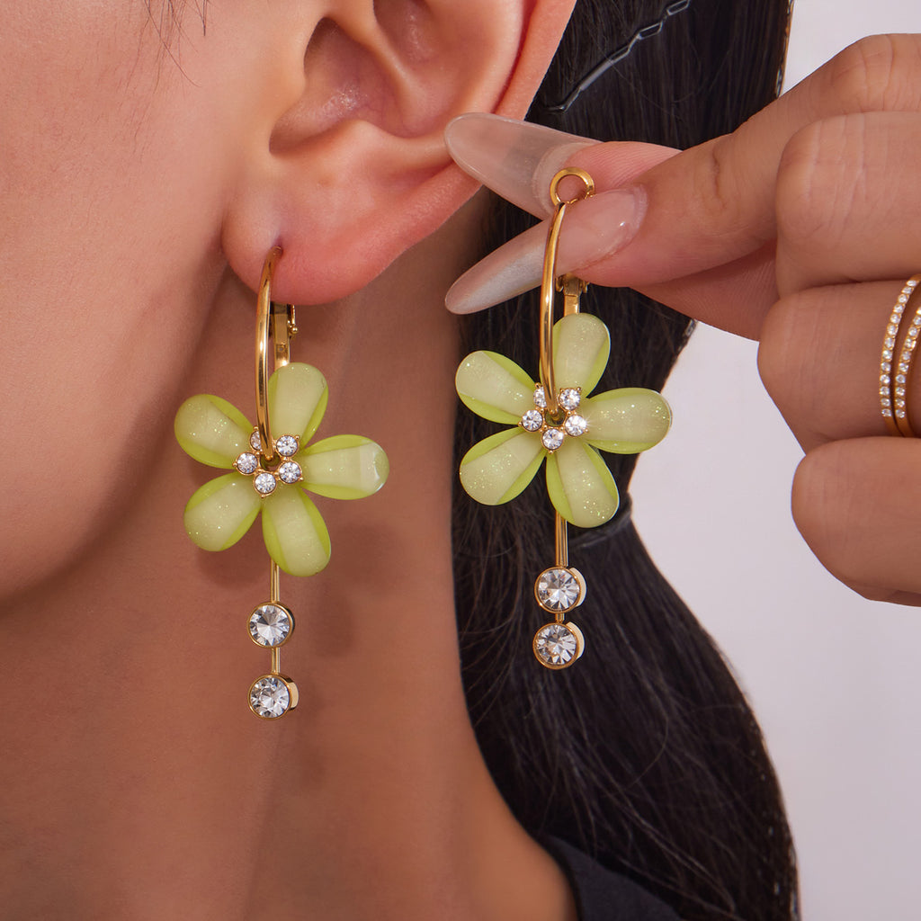Customizable 18K Gold Plated Stainless Steel Earrings Rotorable Colorful Resin Flower Drop with White Zircons Trendy Style