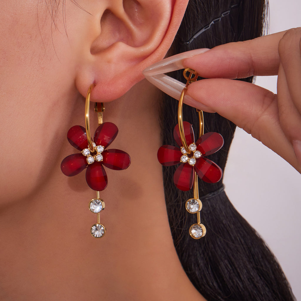 Customizable 18K Gold Plated Stainless Steel Earrings Rotorable Colorful Resin Flower Drop with White Zircons Trendy Style