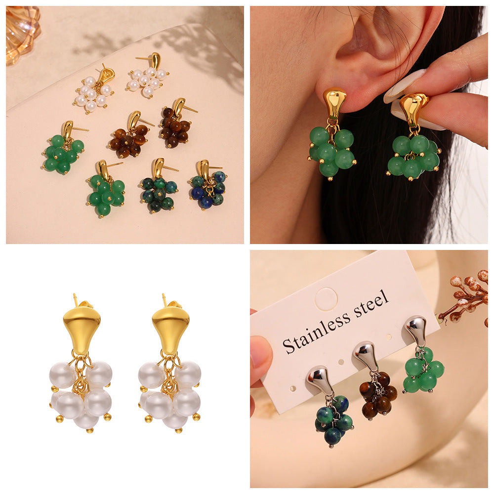 Wholesale Cute Stone Beads Drop Earrings Fashionable Stainless Steel with Gold Plating