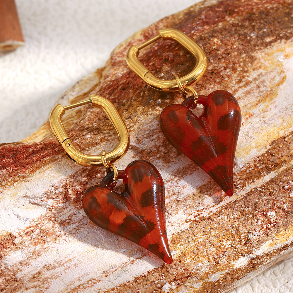 Customizable Drop Earrings Red Resin Heart Designer Jewelry Earrings 18k Gold PVD Stainless Steel Fashion Heart Earrings