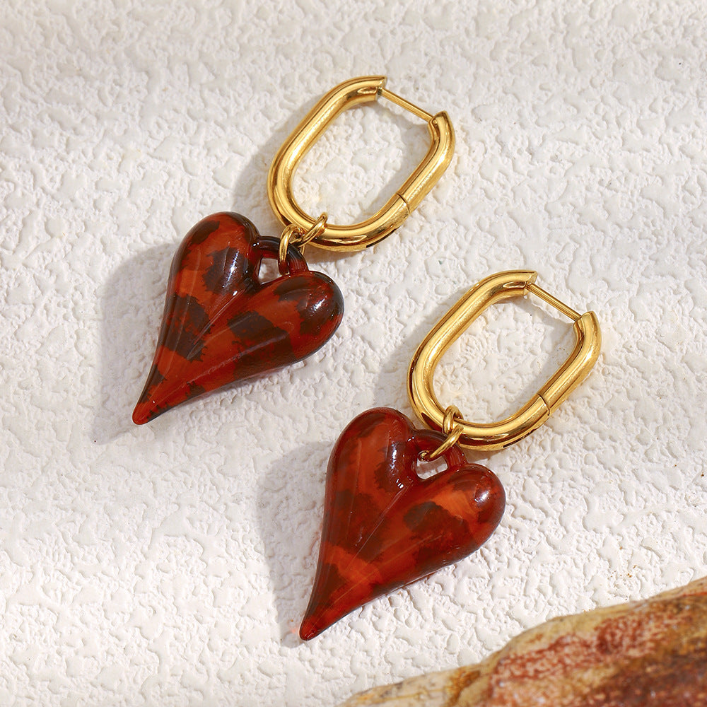 Customizable Drop Earrings Red Resin Heart Designer Jewelry Earrings 18k Gold PVD Stainless Steel Fashion Heart Earrings