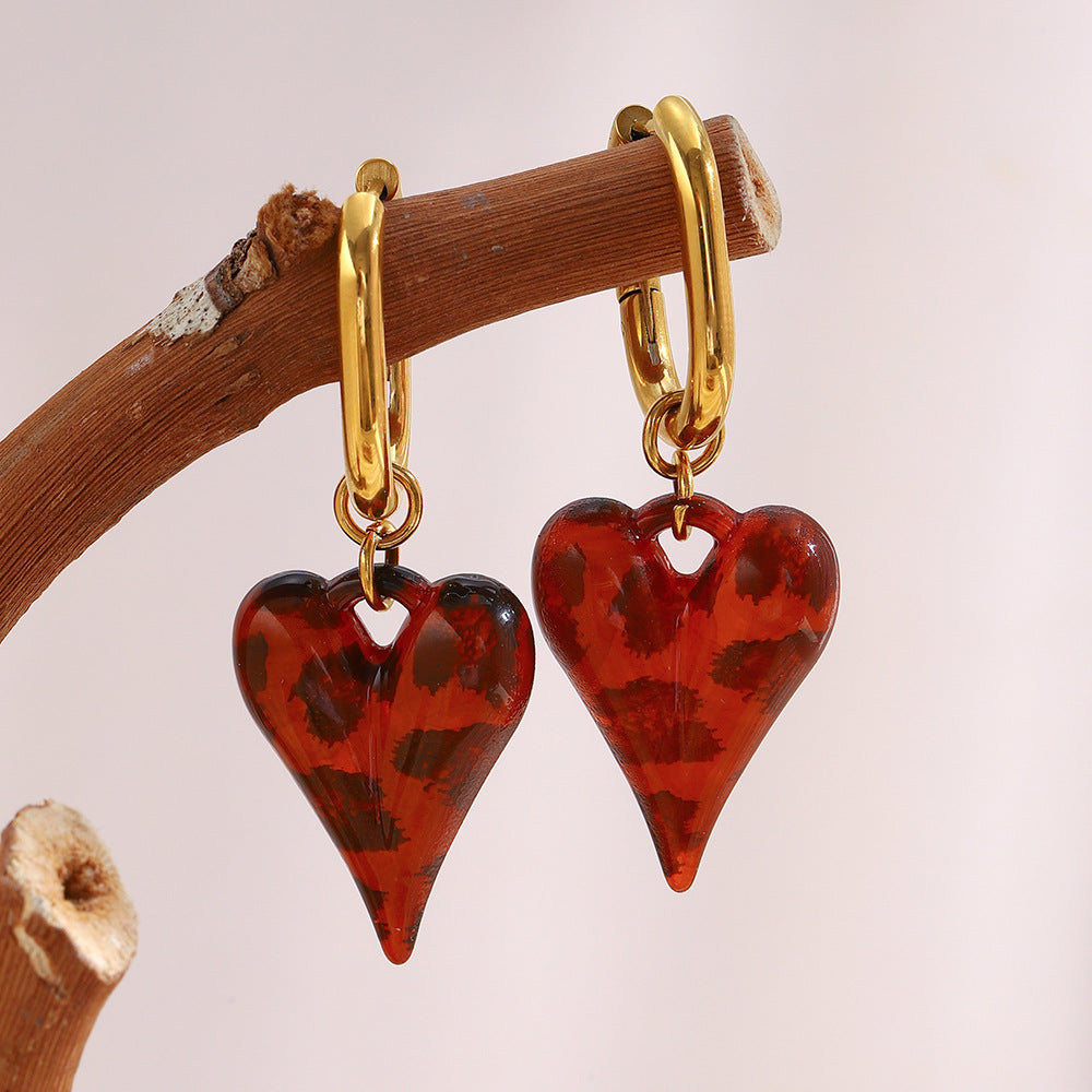 Customizable Drop Earrings Red Resin Heart Designer Jewelry Earrings 18k Gold PVD Stainless Steel Fashion Heart Earrings