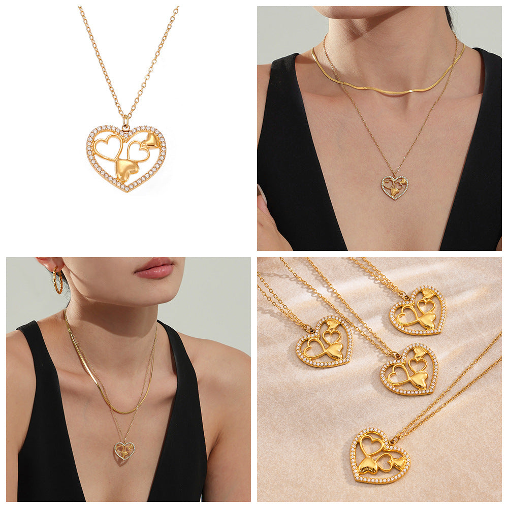 Real Gold PVD Plated Stainless Steel Heart Pendant Necklace with White Zircons Best Gift for Women's Party Link Chain