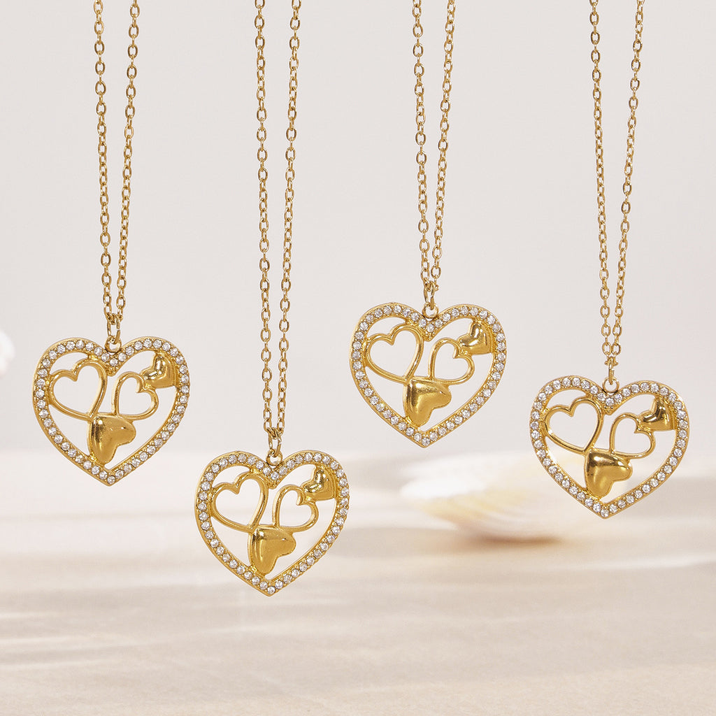 Real Gold PVD Plated Stainless Steel Heart Pendant Necklace with White Zircons Best Gift for Women's Party Link Chain