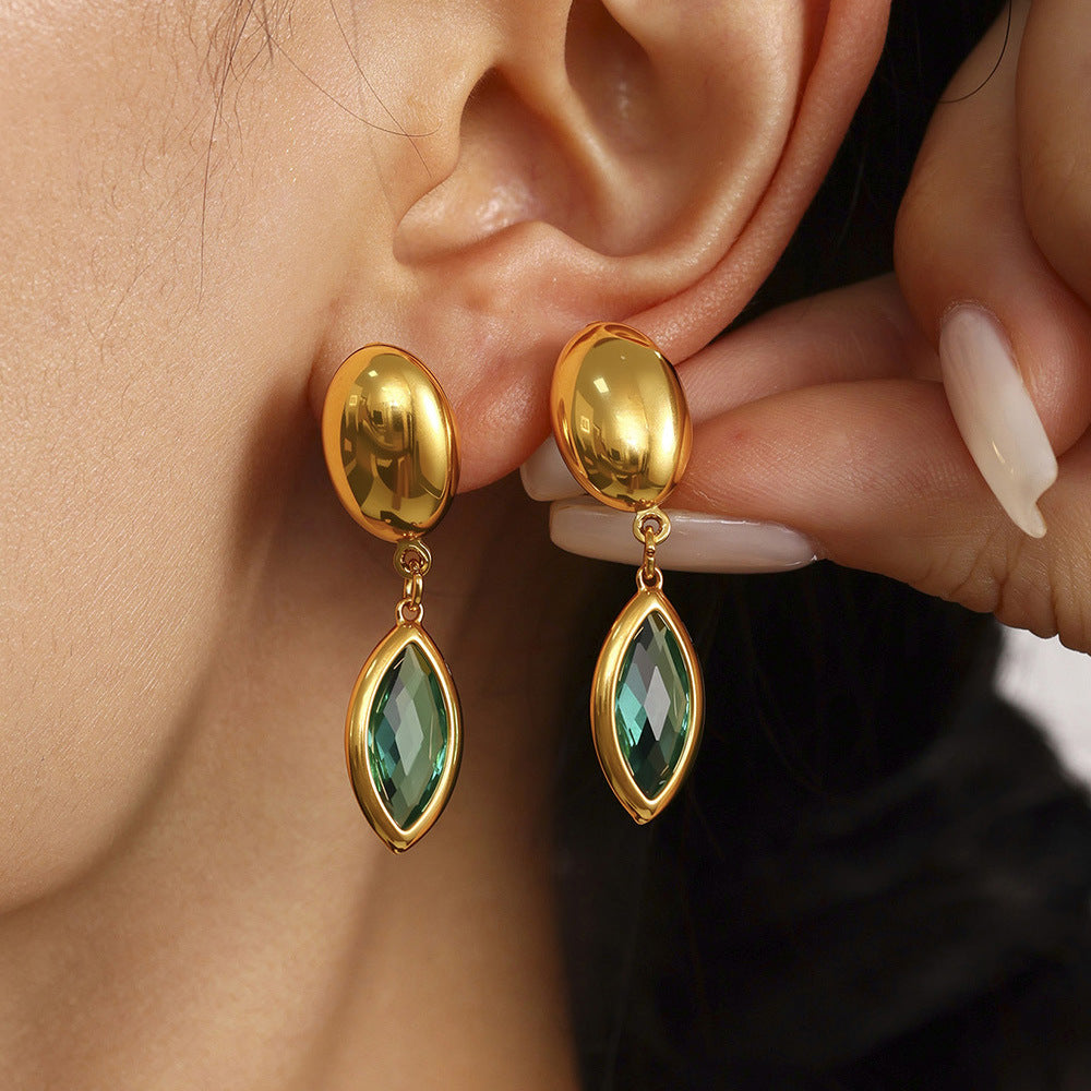Wholesale Stainless Steel Eye Drop Earrings with Real Gold Plating Fashion Jewelry in Multiple Glass Colors
