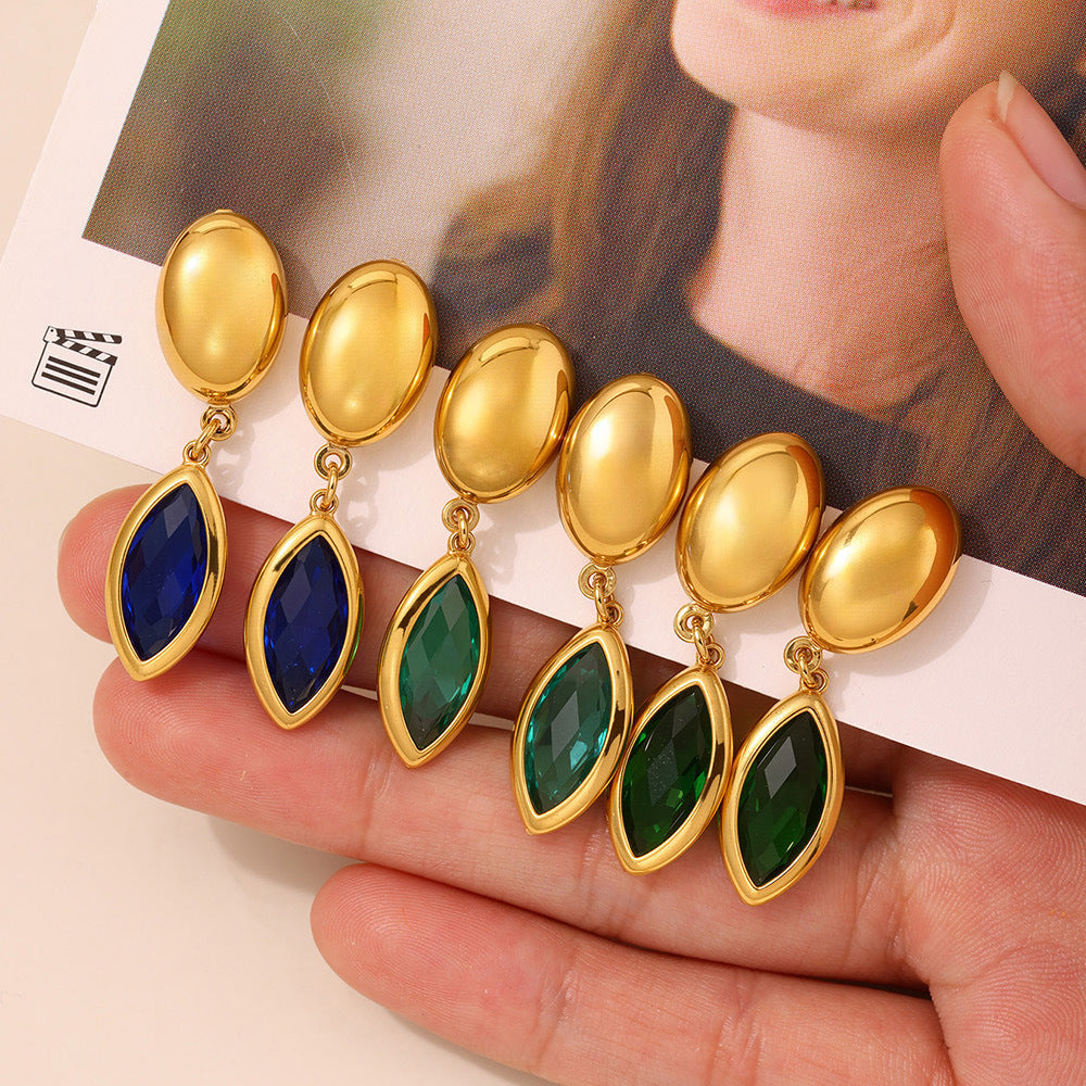 Wholesale Stainless Steel Eye Drop Earrings with Real Gold Plating Fashion Jewelry in Multiple Glass Colors