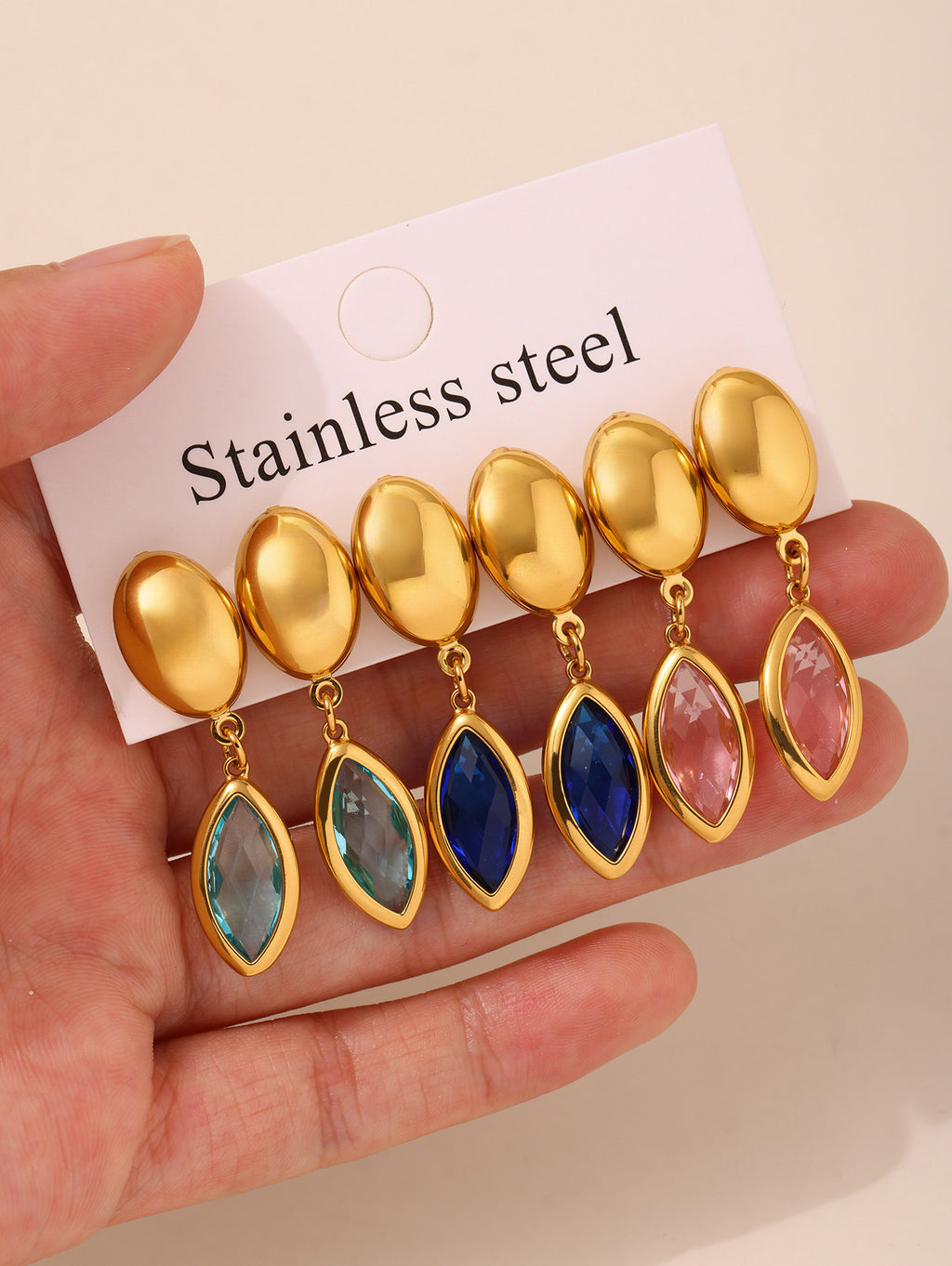Wholesale Stainless Steel Eye Drop Earrings with Real Gold Plating Fashion Jewelry in Multiple Glass Colors