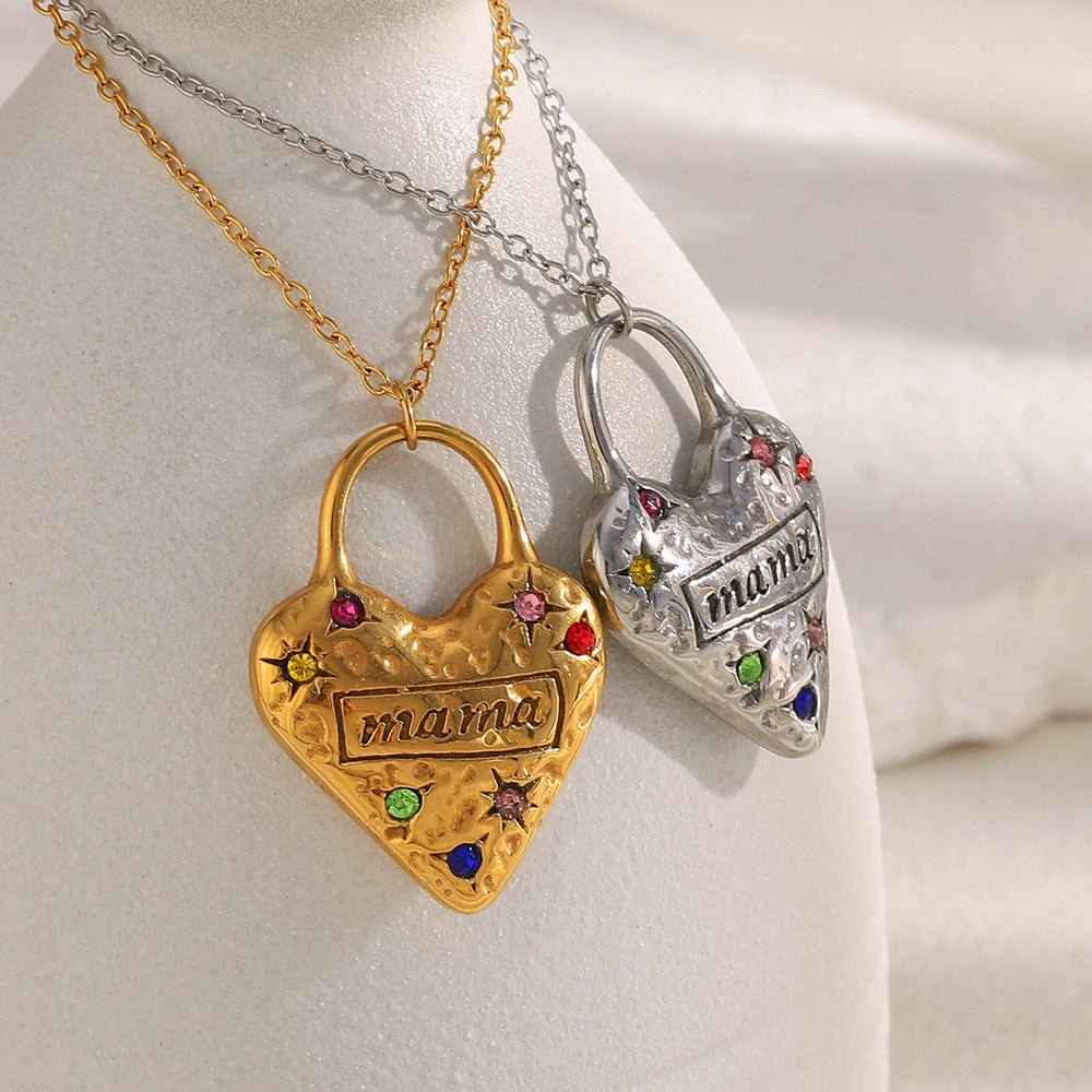 Mama Necklace with Heart Pendant Trendy Stainless Steel Real Gold PVD Plated Link Chain and Zircon Best Gift for Mom