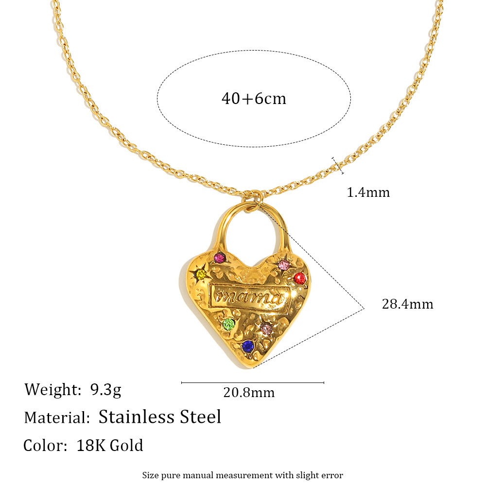 Mama Necklace with Heart Pendant Trendy Stainless Steel Real Gold PVD Plated Link Chain and Zircon Best Gift for Mom