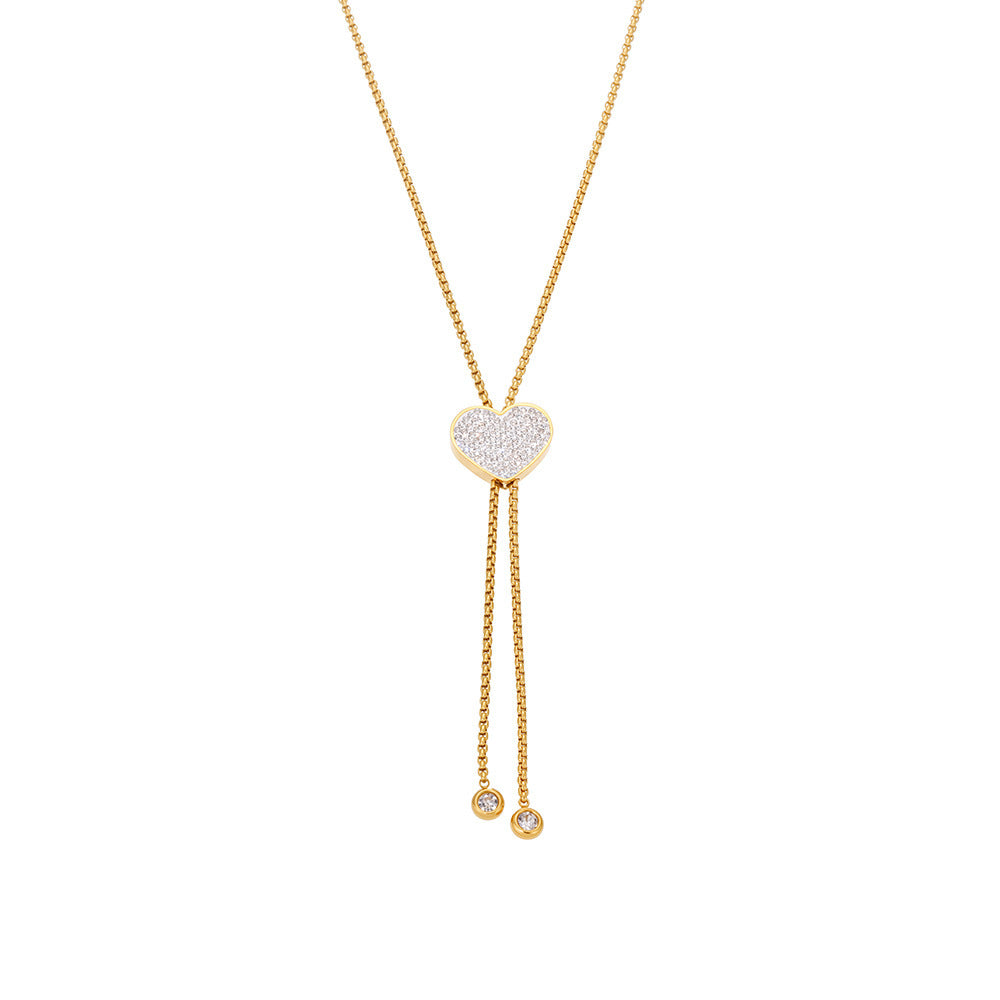 Women's Trendy Long Sweater Link Chain Necklace 18K Gold Plated Stainless Steel Zircon Heart Design Parties Fashion