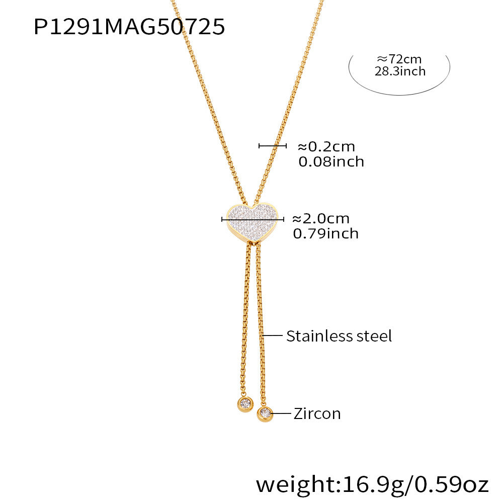 Women's Trendy Long Sweater Link Chain Necklace 18K Gold Plated Stainless Steel Zircon Heart Design Parties Fashion