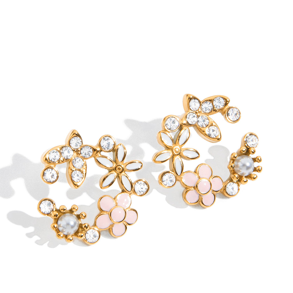 Flower Stud Earrings for Party Real Gold Plating Waterproof Stainless Steel Jewelry Zircon Bohemian Trendy Brides' Shell Design