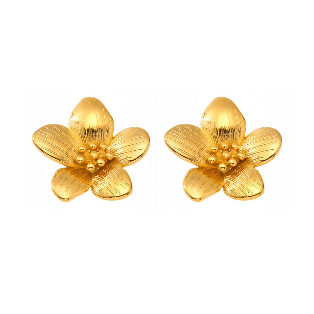 Trendy Stainless Steel Women's Stud Earrings Bezel Setting 18K Gold Plated Vintage Floral Design Waterproof Hypoallergenic